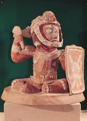 Urnelåg med en figur af en kriger, fra Guatemala, klassisk periode, 600-950 (terracotta)